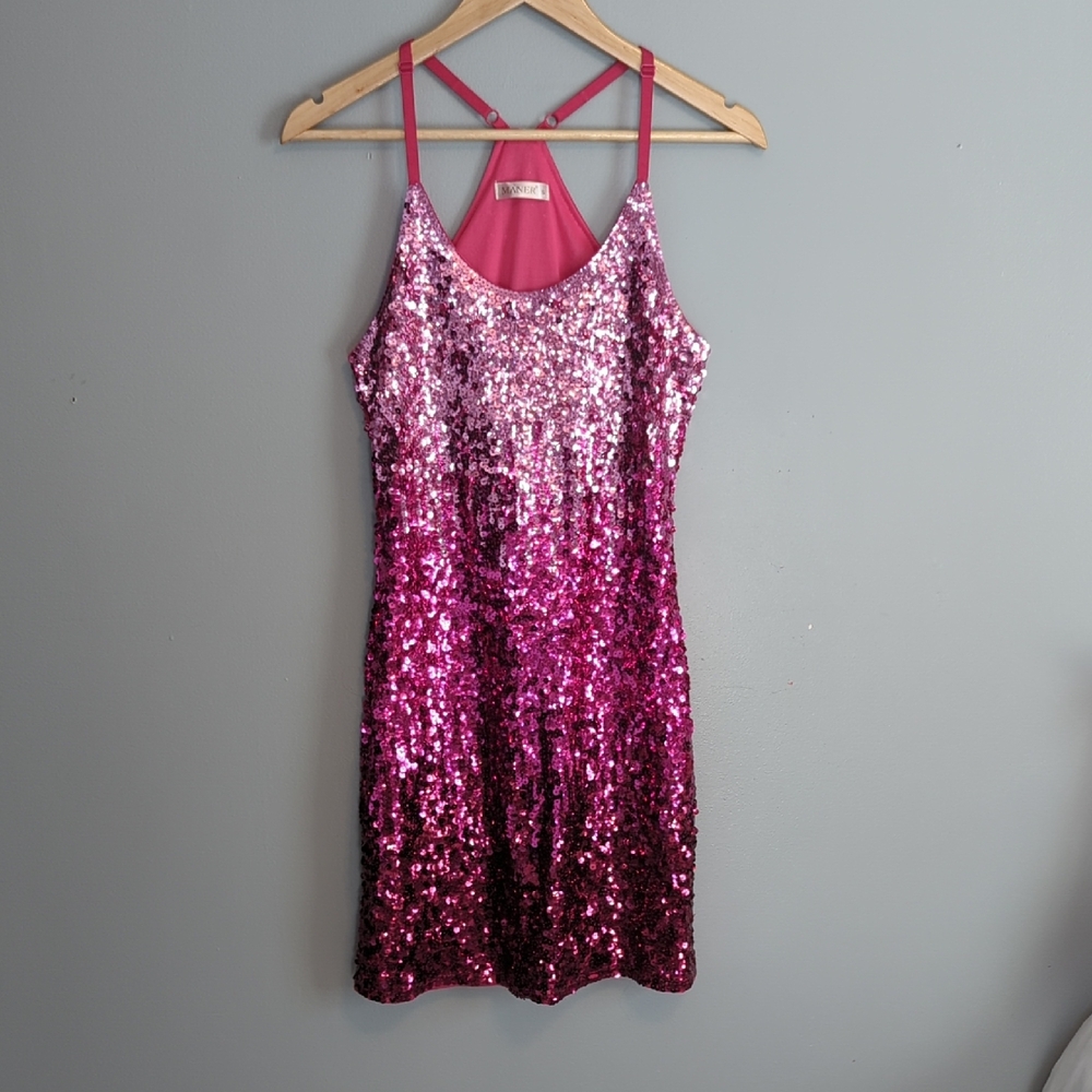 MANER Ombre Sequin Pink Racer Back Fully Lined Dress Size SMALL